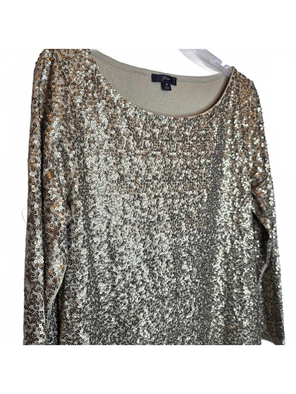 JCrew Gold Sequin Top Blouse Size Medium 3/4 Length Party Holiday Sparkly - Picture 3 of 7